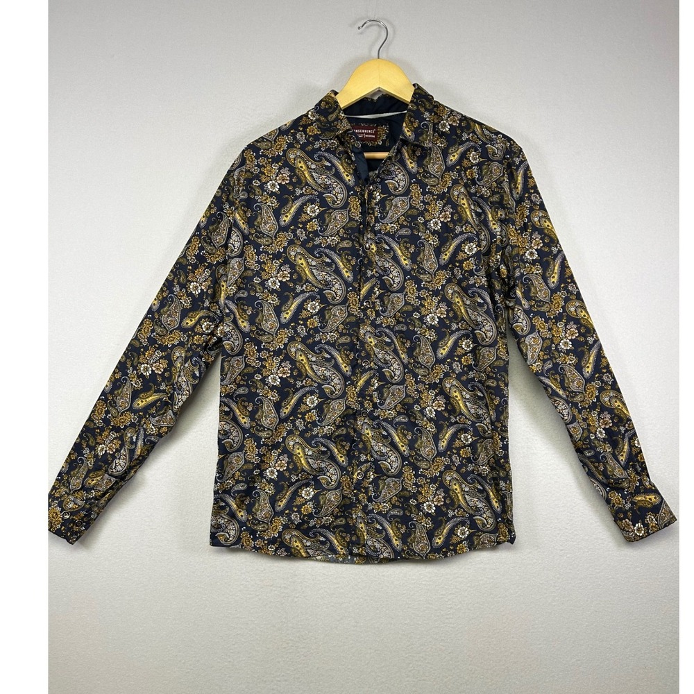 Boho Retro Consequence Women Med Navy Tobacco Paisley Floral Button Down Shirt‎